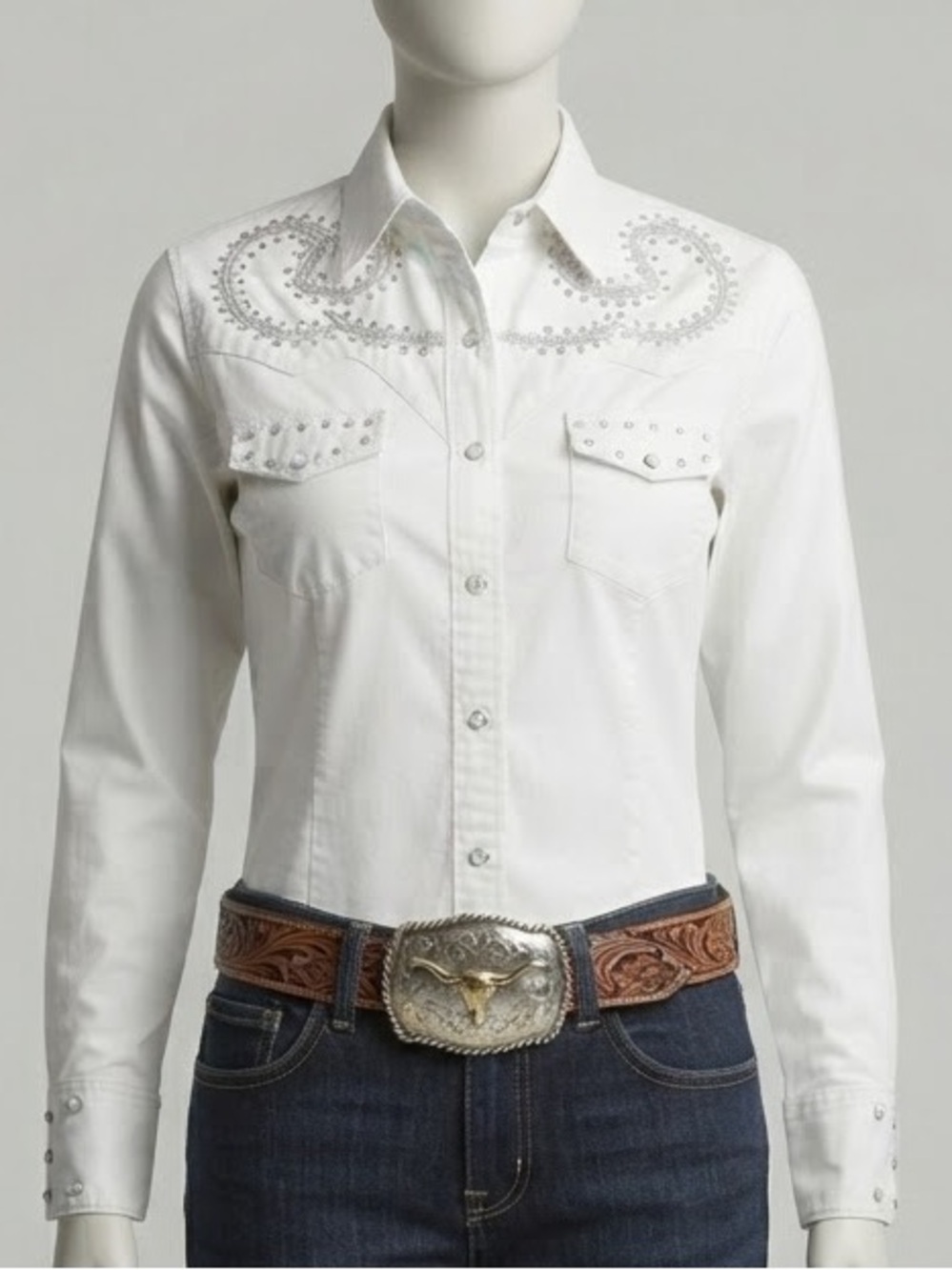 Panhandle Slim White Western Studded Button-Down Shirt size M
